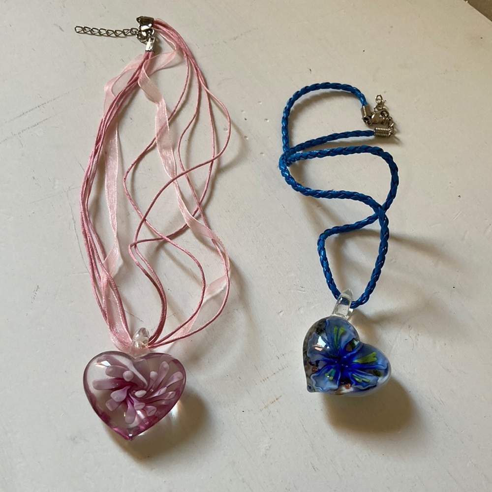Choose pink or blue: Beautiful Handmade heart necklaces with floral inner design